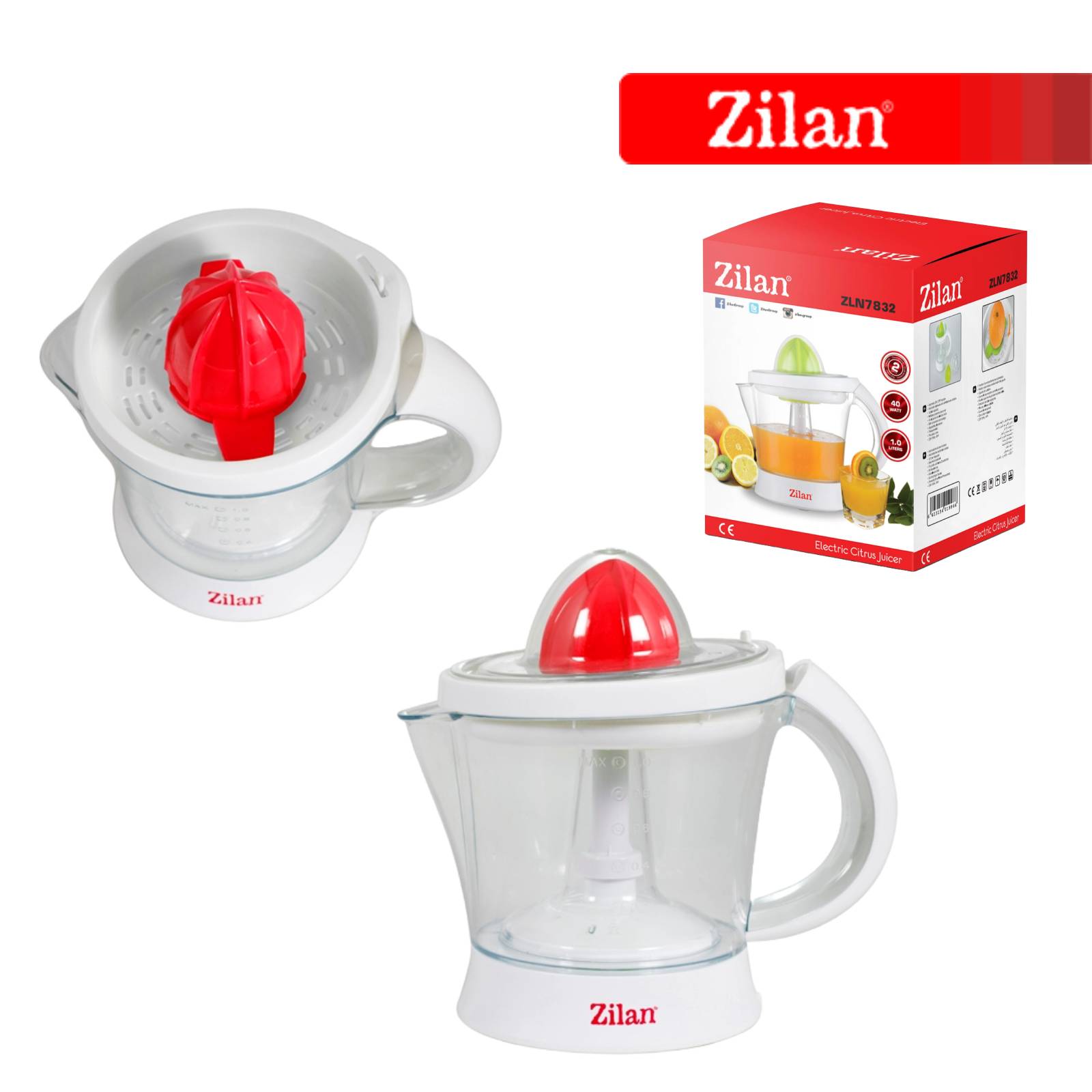 Storcator citrice ZILAN ZLN-7832, 1L, functie reverse, motor cupru 40W - Alb/Rosu