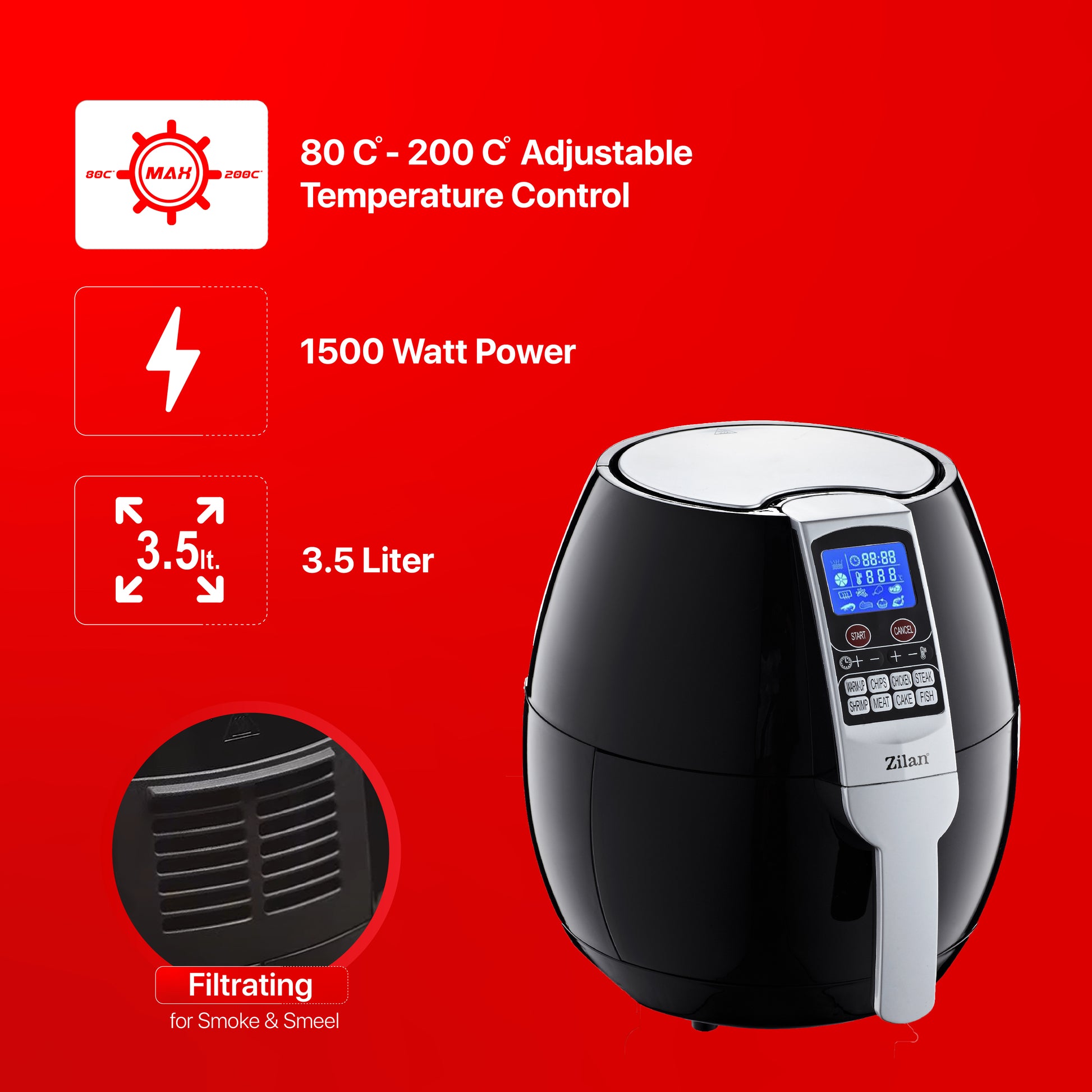 Friteuza Air Fryer Digital ZILAN ZLN-3604, Negru 1500 W, Capacitate 3.5 l, Timer 30 min,