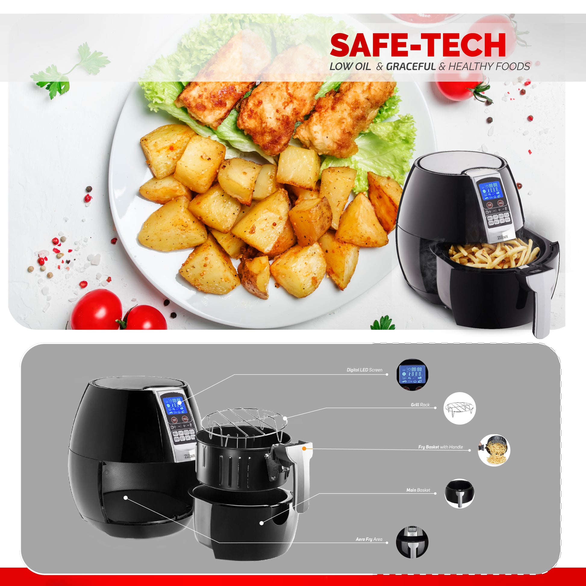 Friteuza Air Fryer Digital ZILAN ZLN-3604, Negru 1500 W, Capacitate 3.5 l, Timer 30 min,