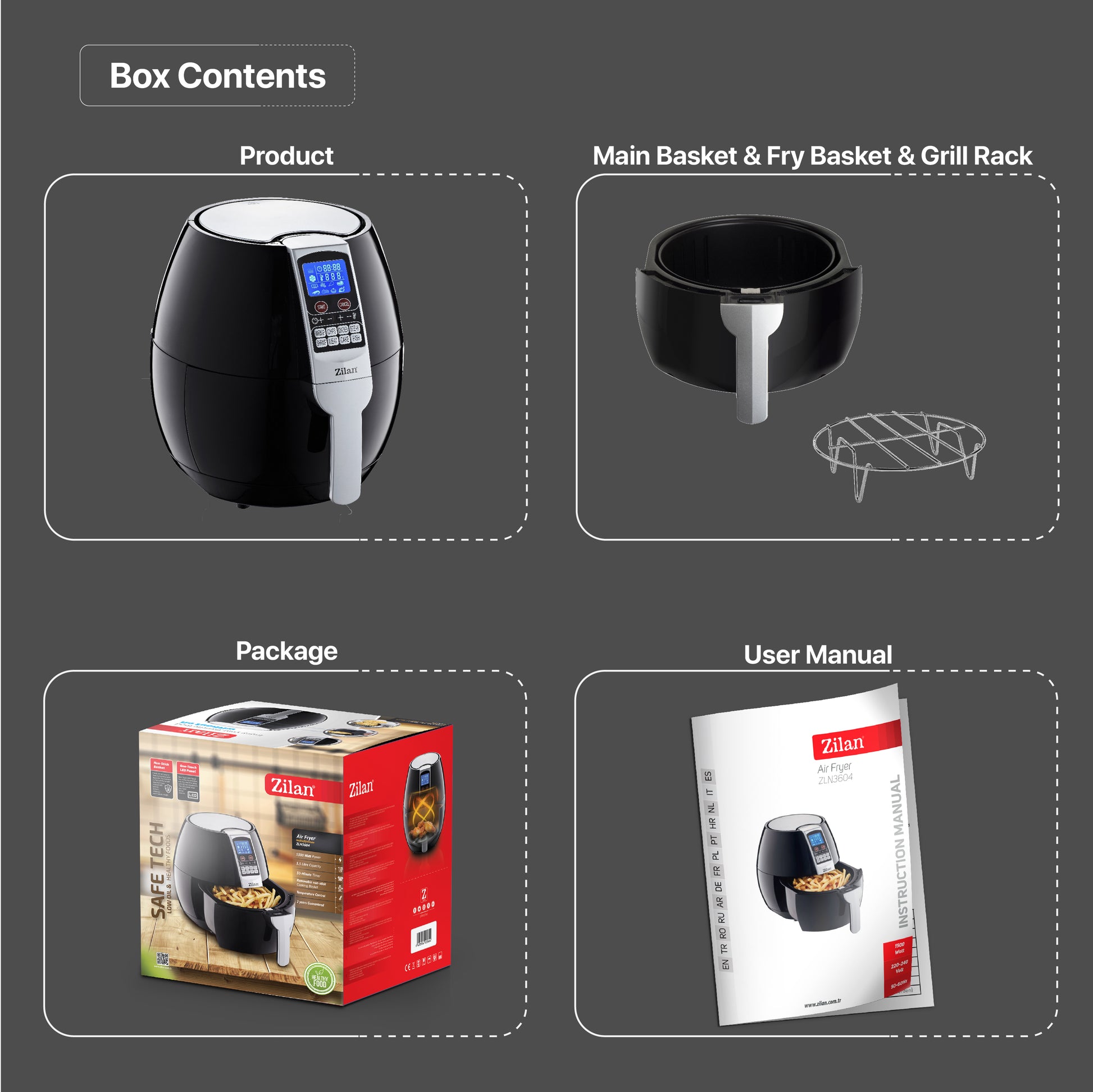Friteuza Air Fryer Digital ZILAN ZLN-3604, Negru 1500 W, Capacitate 3.5 l, Timer 30 min,