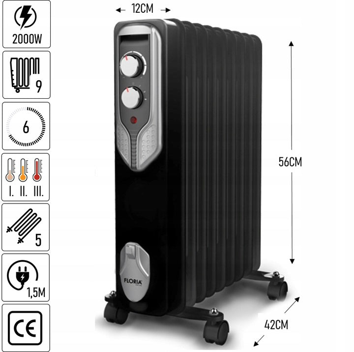 Calorifer electric Floria ZLN-3659,Negru 2000 W, 9 elementi, 3 trepte de putere, Termostat reglabil, Protectie supra-incalzire, Indicator luminos,