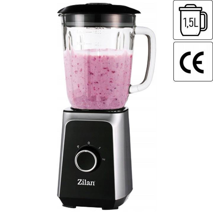 Blender ZILAN ZLN-3925, 1.5 l, 2 viteze + Functie impuls, Zdrobire gheata, Vas de sticla, Inox