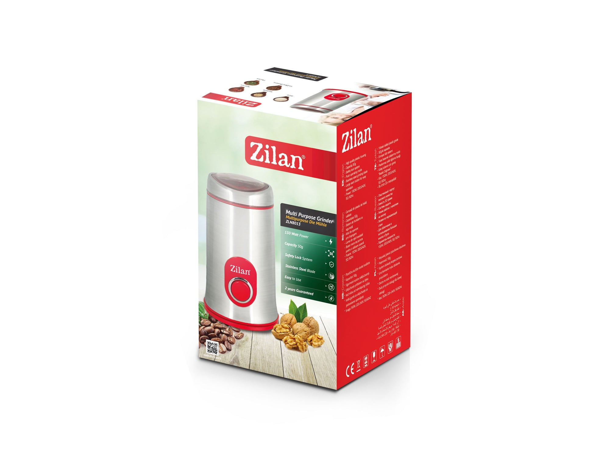 Rasnita cafea electrica, Zilan ZLN-8012,Argintiu /Rosu 150 W, inox, cutite macinare otel inoxidabil