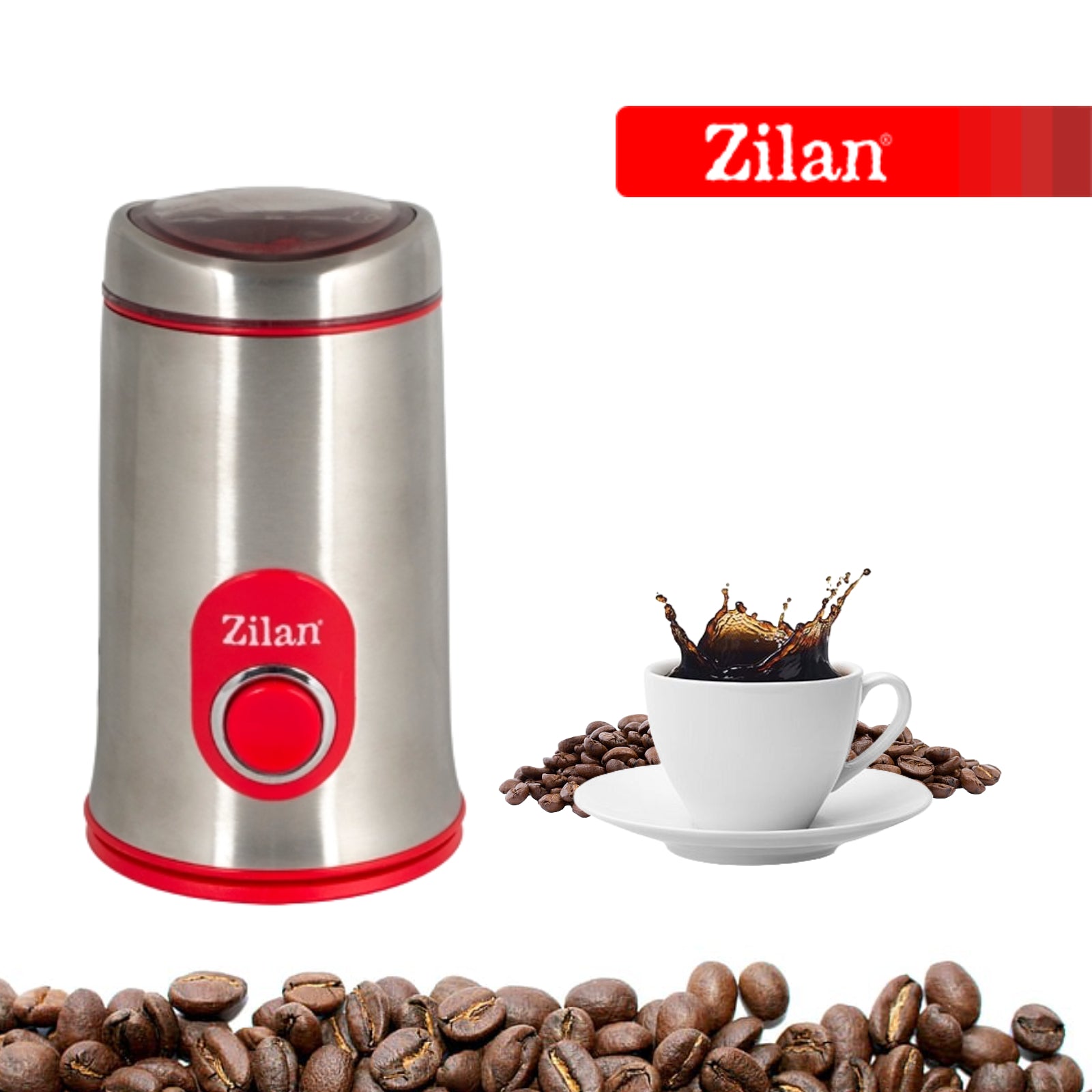 Rasnita cafea electrica, Zilan ZLN-8012,Argintiu /Rosu 150 W, inox, cutite macinare otel inoxidabil