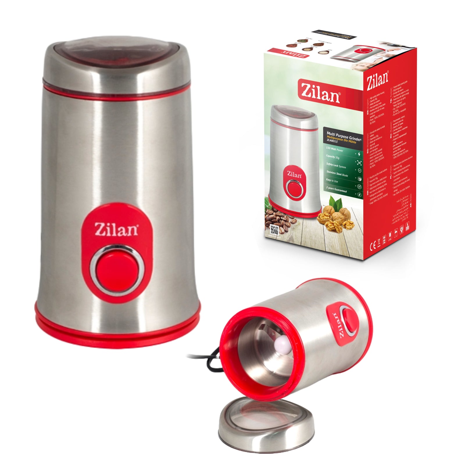 Rasnita cafea electrica, Zilan ZLN-8012,Argintiu /Rosu 150 W, inox, cutite macinare otel inoxidabil
