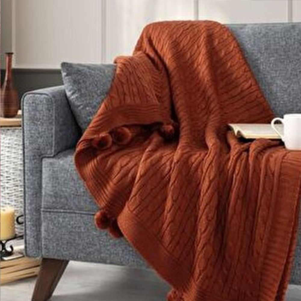 Pătură tricotată cu ciucuri, 50% bumbac/ 50%poliester, Ponponlu – Calitate Premium, in diferite culori