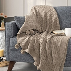 Pătură tricotată cu ciucuri, 50% bumbac/ 50%poliester, Ponponlu – Calitate Premium, in diferite culori