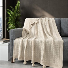 Pătură tricotată cu ciucuri, 50% bumbac/ 50%poliester, Ponponlu – Calitate Premium, in diferite culori