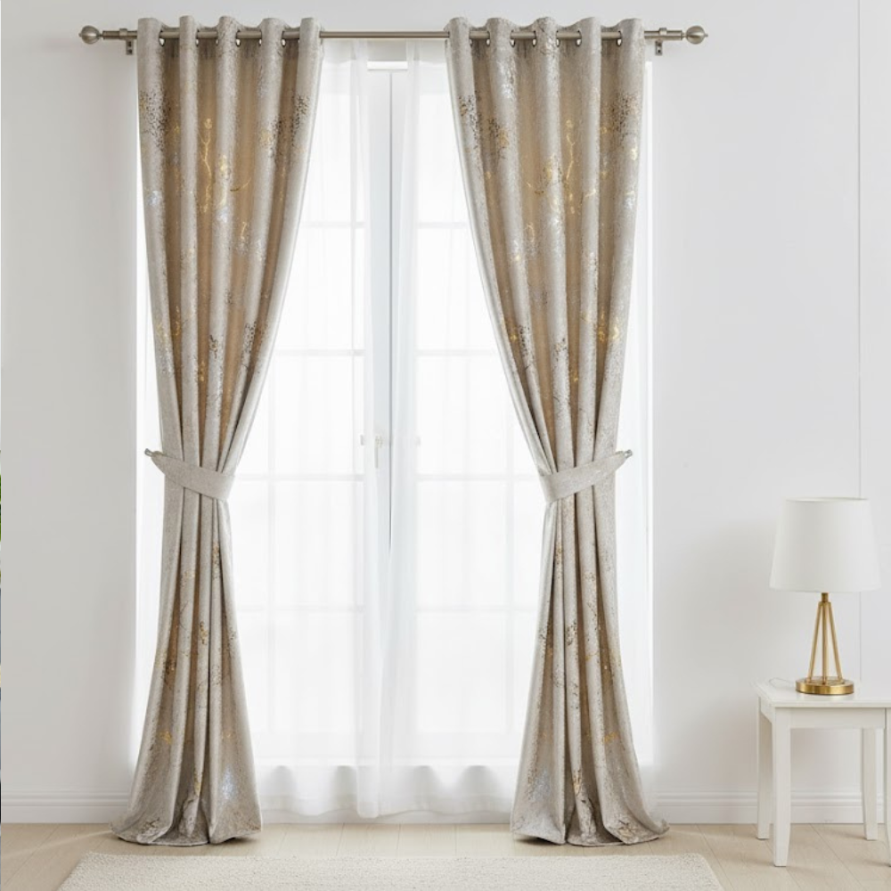 Set 2 Draperii ETNA Catifea CRETA cu insertii aurii si argintii - 150 x 250cm ,Rejansa pt. bara , Bej -V1