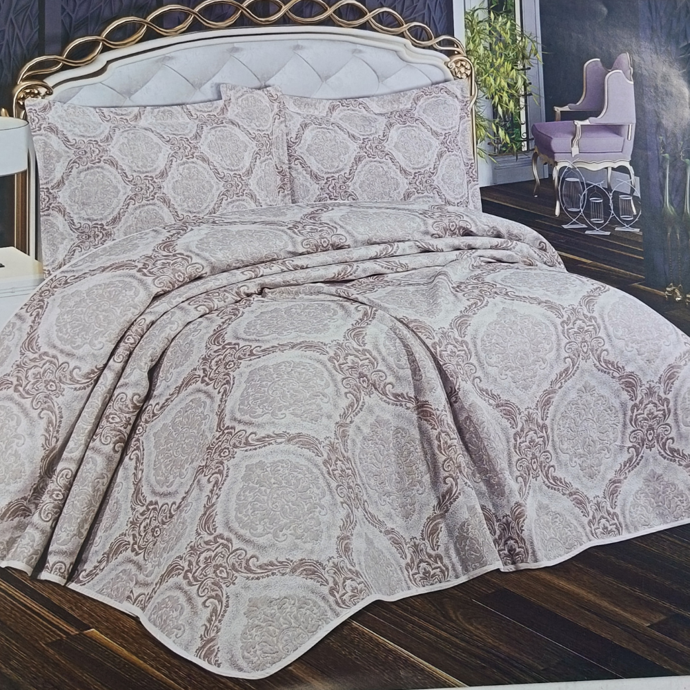 Cuvertura Pat Dublu, 3 Piese, Bumbac 100% Gonca – Calitate Premium, Culoare Bej