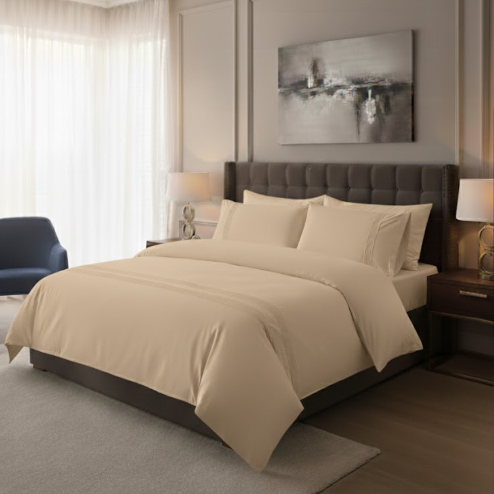 Lenjerie Pat Dublu, 4 Piese, Bumbac 100% Leylim  – Calitate Premium, Culoare Bej