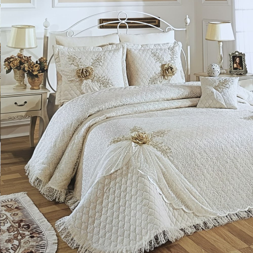 Cuvertura Pat Dublu, 3 Piese, Bumbac 100% Altin Gul – Calitate Premium, Culoare Bej