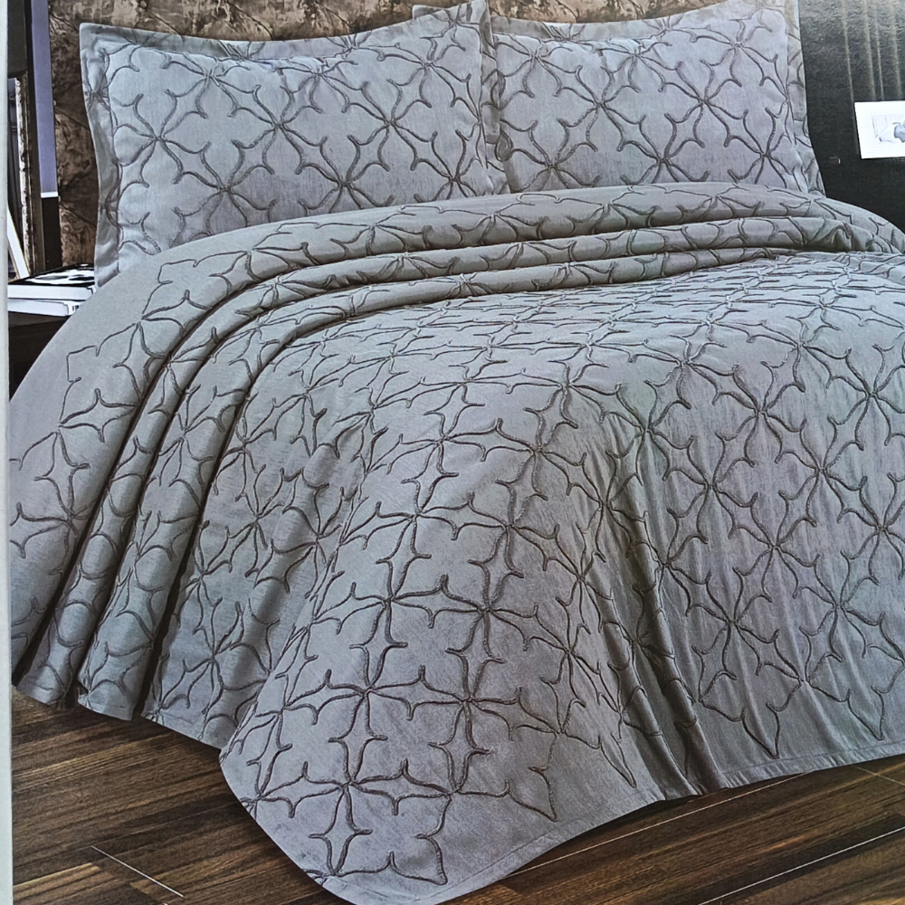 Cuvertura Pat Dublu, 3 Piese, Bumbac 100% Doqu – Calitate Premium, Culoare Gri