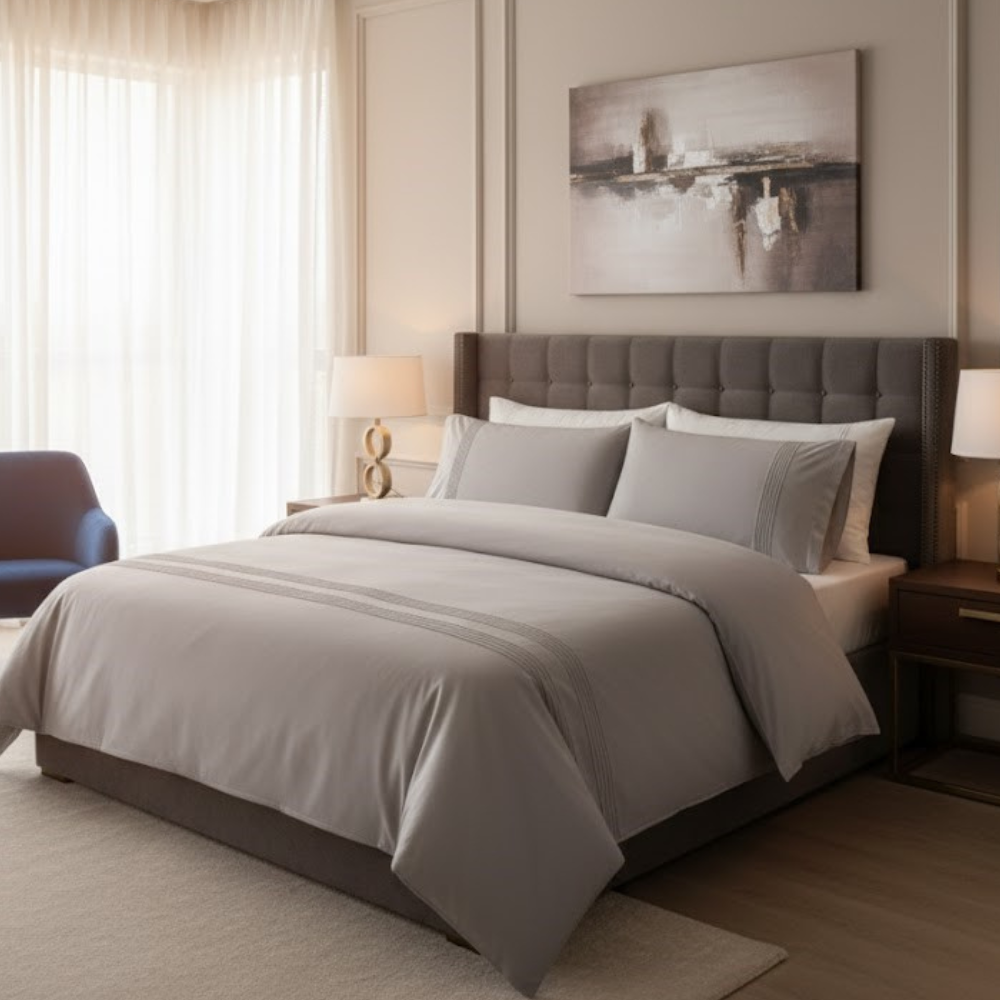 Lenjerie Pat Dublu, 4 Piese, Bumbac 100% Leylim  – Calitate Premium, Culoare Gri