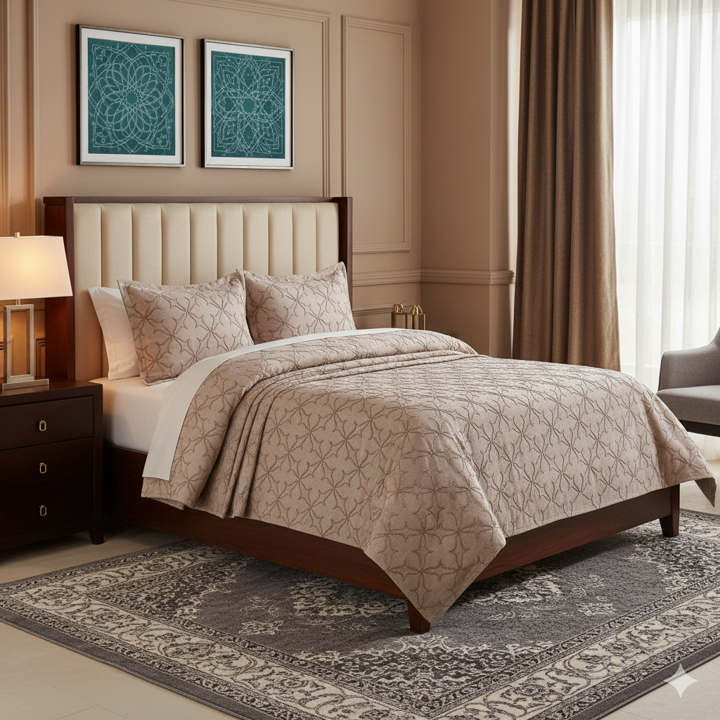 Cuvertura Pat Dublu, 3 Piese, Bumbac 100% Doqu – Calitate Premium, Culoare Cappuccino