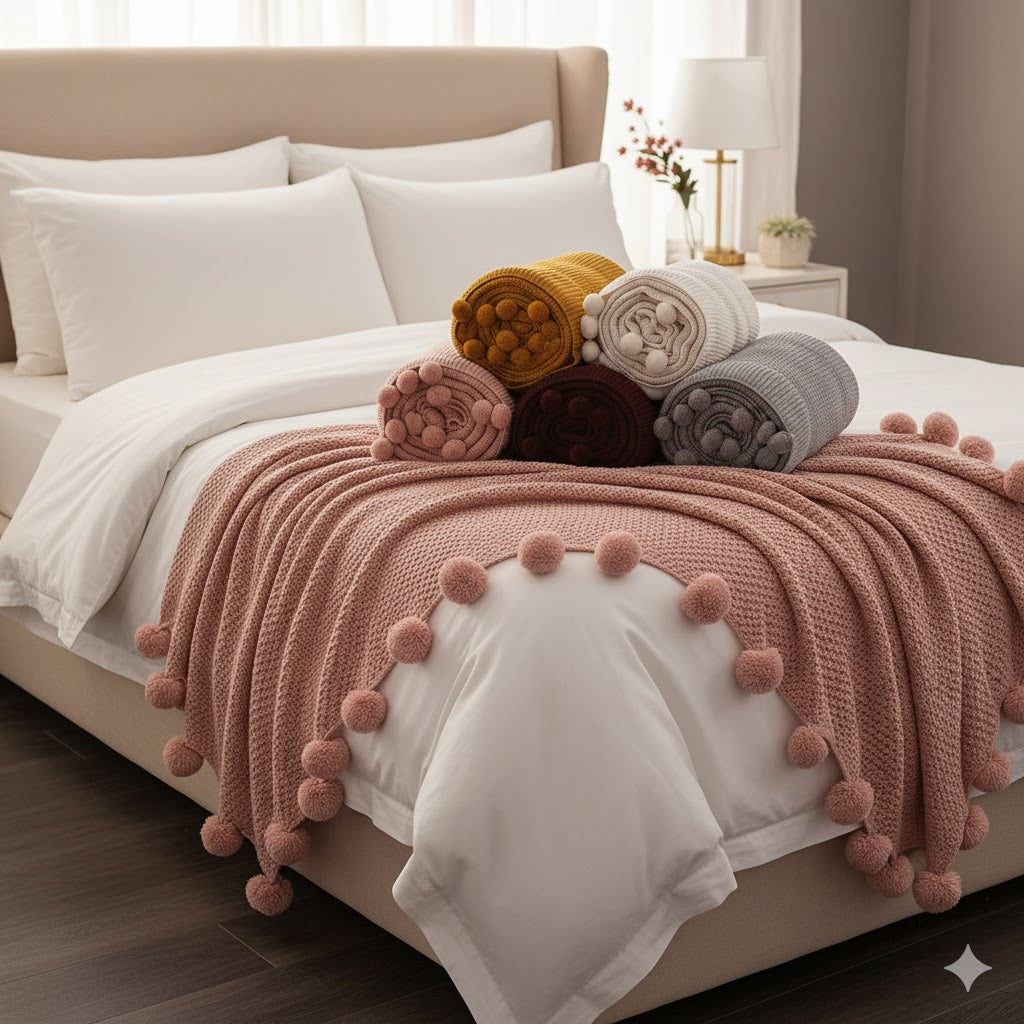 Pătură tricotată cu ciucuri, 50% bumbac/ 50%poliester, Ponponlu – Calitate Premium, in diferite culori