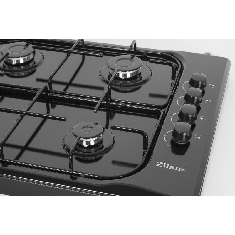 Aragaz ZILAN ZLN-1518 cu 4 arzatoare, 7 kW, emailat negru, butoane laterale - design modern